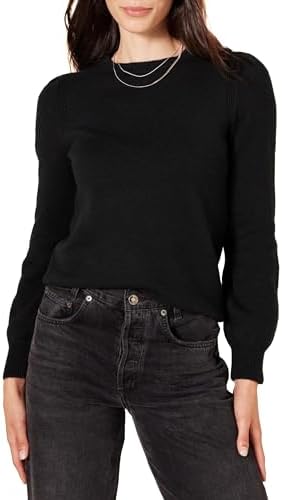 Amazon Essentials Women's Soft Touch Pleated Shoulder Crewneck Sweater, Black, Large