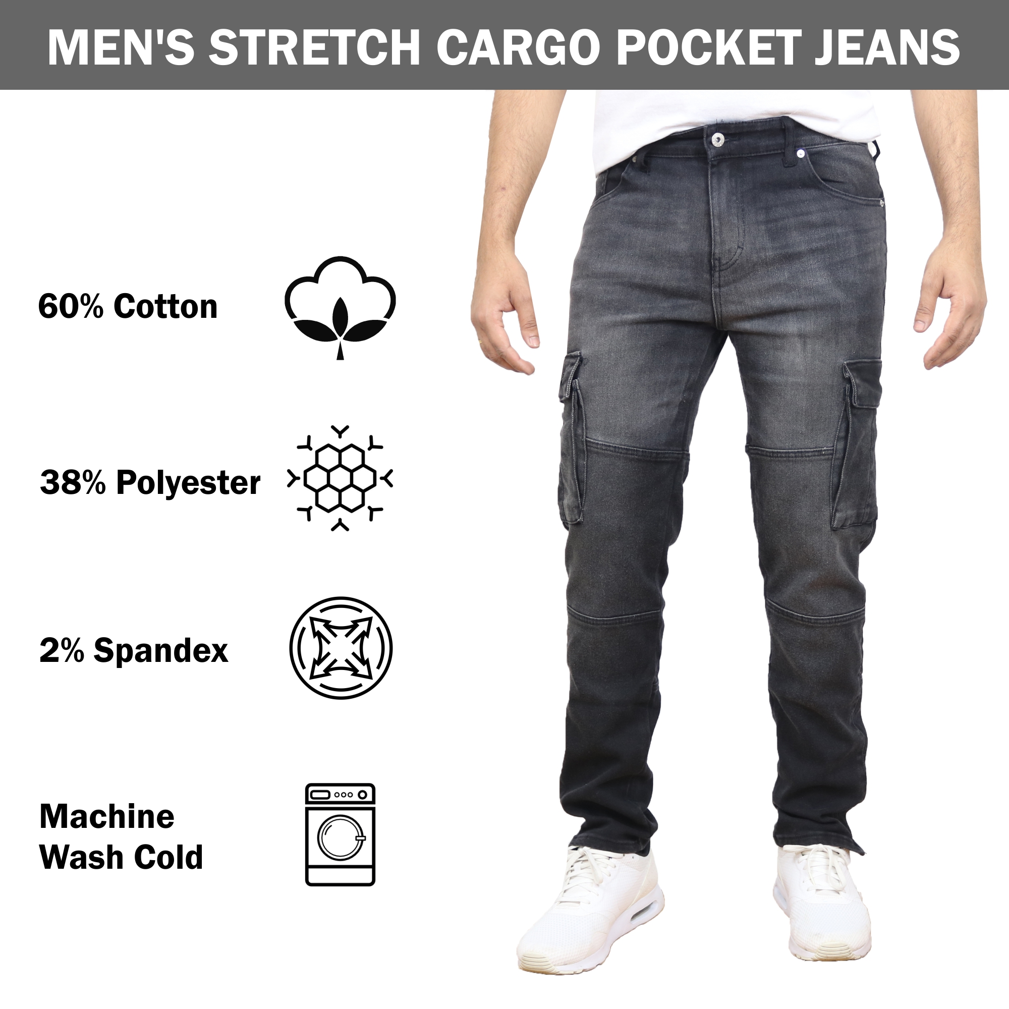 2Pk Asst Mens Stretch Cargo Jeans - Gallery 10