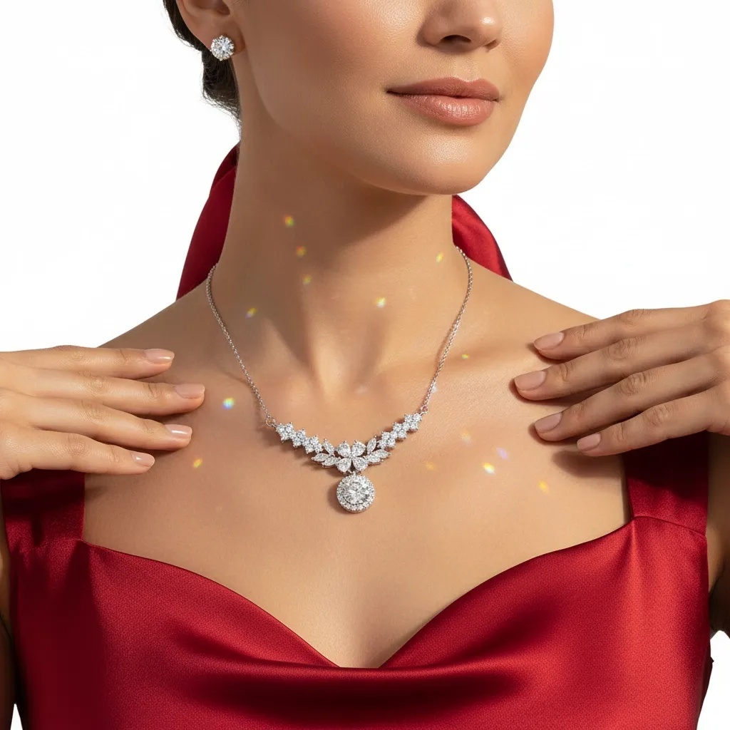 Moissanite Diamond Floral Drop Necklace - Gallery 6
