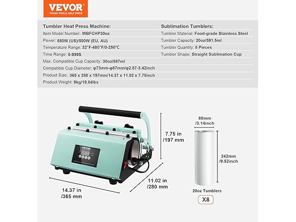VEVOR Tumbler Heat Press Machine and Sublimation Tumblers
