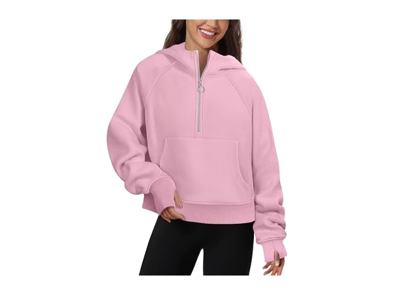 FKEEP Womens Half Zip Hoodies Quarter Zipper Up Cropped Sweatshirt Long Sleeve Athletic Pullover Tops with Thumb Hole(Pink,X-Large)