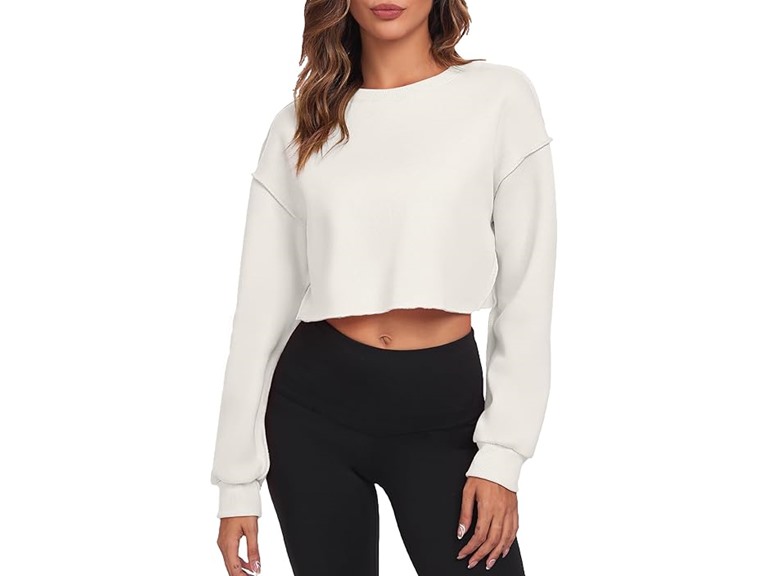 FKEEP Cropped Sweatshirts for Women Long Sleeves Crewneck Pullover Crop Tops Oversized Fit