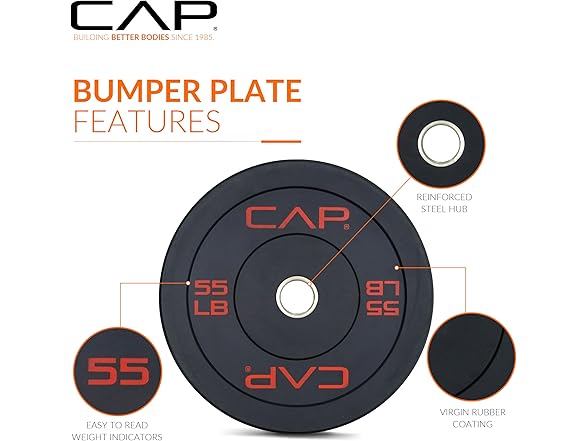 CAP Barbell Economy Olympic Bumper Plate, 55lbs Single
