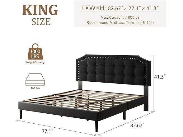 King Platform Bed Frame, Upholstered