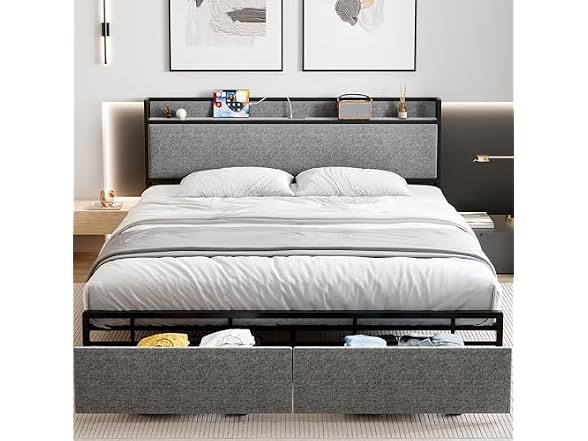 GAOMON Queen Size Bed Frame with 2 Storage Drawers