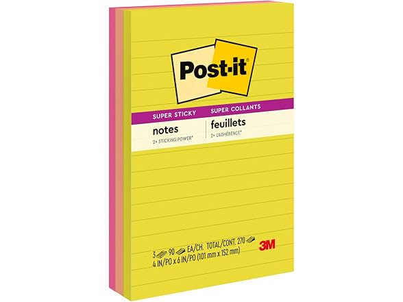 Post-it Super Sticky Notes, 4 x 6 in, Summer Joy, 3 Lined Pads