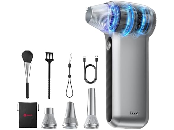 Electric Air Duster 200000RPM Brushless Motor, Cordless Compressed Air Blower with 4 Nozzles & 2 Brushes, 85m/s Powerful Rechargeable Cleaner for PC, Car, Keyboard & Electronics (Silver) (Open Box)