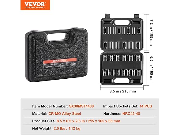 VEVOR 3/8" Drive Impact 14 Piece Shallow Socket Set Metric