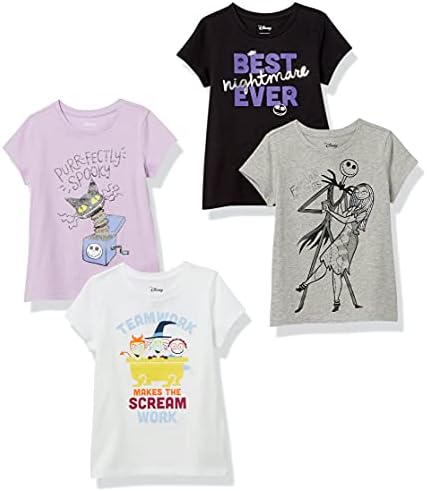 Amazon Essentials Disney | Marvel | Star Wars | Frozen | Princess Girls' Short-Sleeve T-Shirts, Pack of 4, Black/Grey/White/Nightmare Spooky, Medium