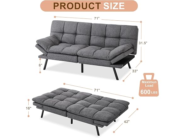 Opoiar Futon Sofa Bed, Memory Foam, Grey