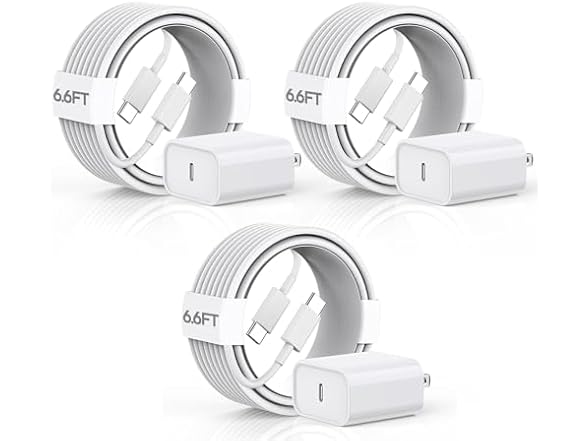 (3 PACK) 20 Watt Fast Charging Power Adapter & 6.6Ft USB-C Cable