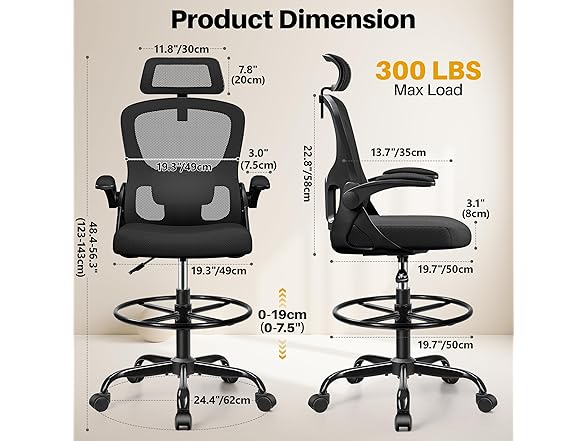 FINATI Drafting Chair, Tall Office Chair for Standing Desk, Ergonomic High Back with Headrest, Lumbar Support, Foot Ring and Flip-up Armrests, Black (Open Box)