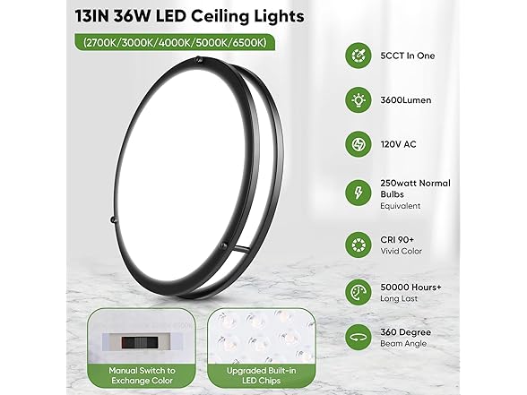 TOBUSA 2-Pack 36W LED Ceiling Lights Black