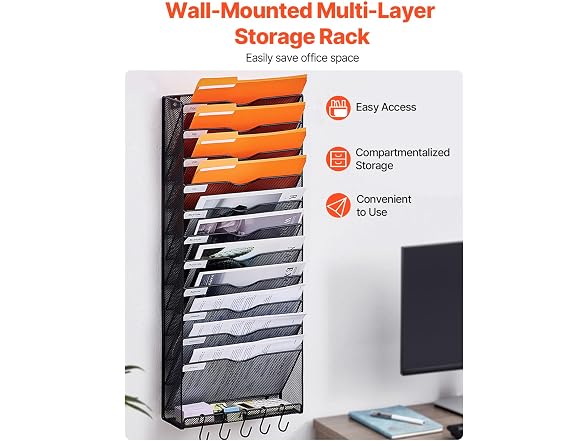 File Wall Rack, One-Piece 12 Pockets Mesh Wall