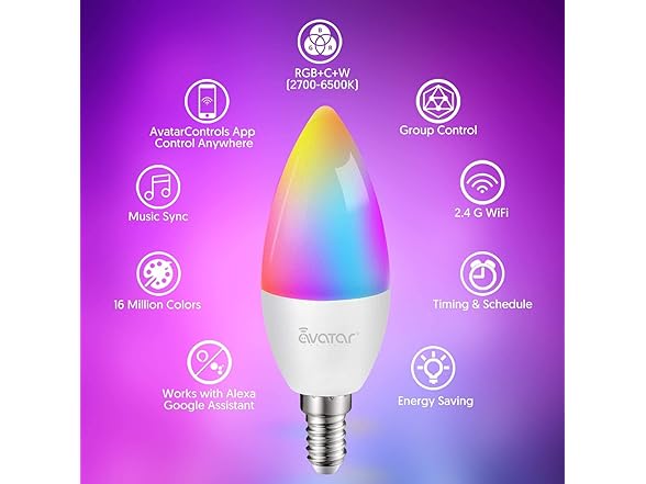 Avatar Controls 6 Pack E12 Smart Bulbs, Candelabra