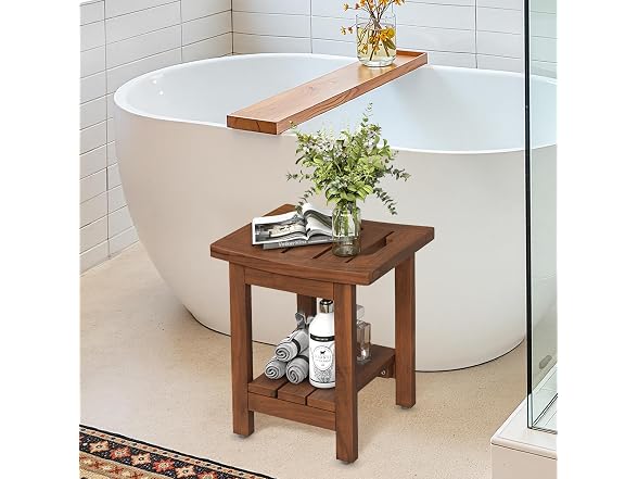 14" Waterproof Brown Teak Shower Stool