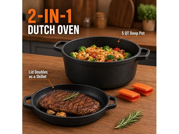 Overmont 5QT Cast Iron Double Dutch Oven