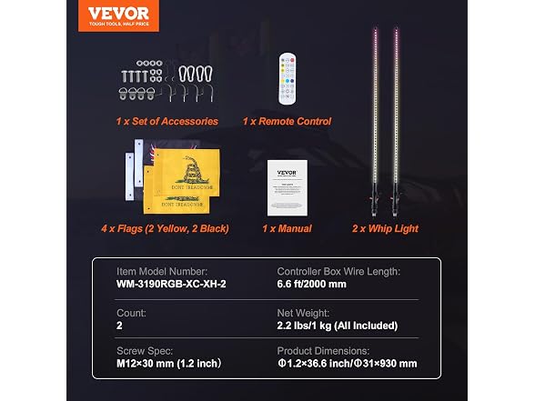 2 PCS 4 FT Whip Light, APP & RF Remote Control