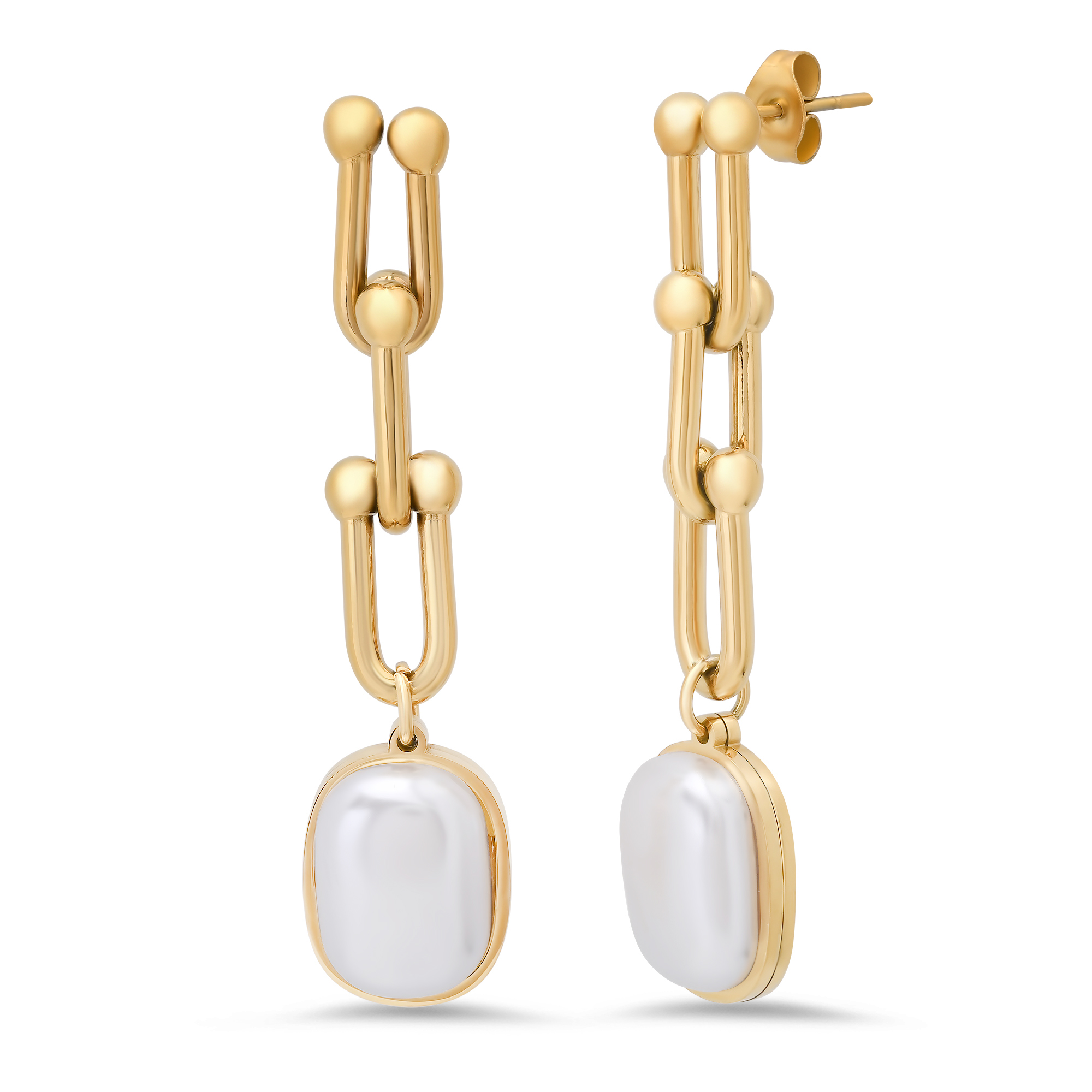 18K Gold Pearl Link Drop Earrings - Gallery 4