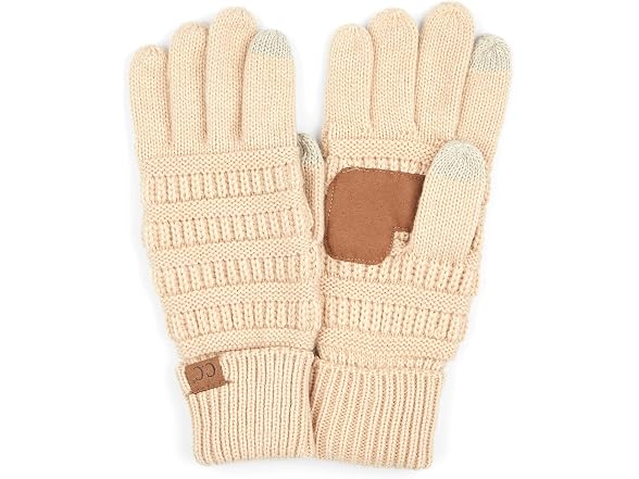 C.C Women Solid Ribbed Glove Smart Tips Beige