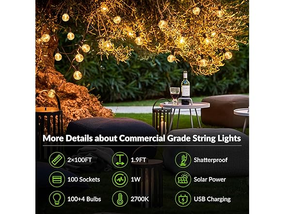 Lakumu 200FT(2 x100FT) G40 Solar String Lights