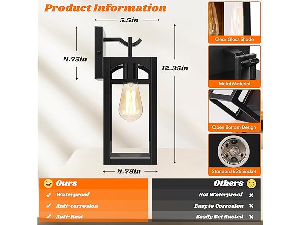 VerRon 2Pk Black 12.35" Wall Light Fixture