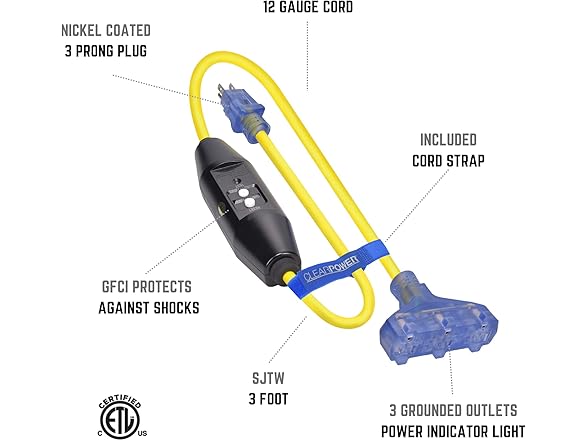 Clear Power 3 ft 12/3 SJTW, Cord Adapter, GFCI