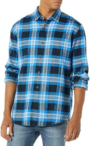 Amazon Essentials Men's Long-Sleeve Flannel Shirt (Available in Big & Tall), Black Blue Grey Tartan Plaid, X-Small