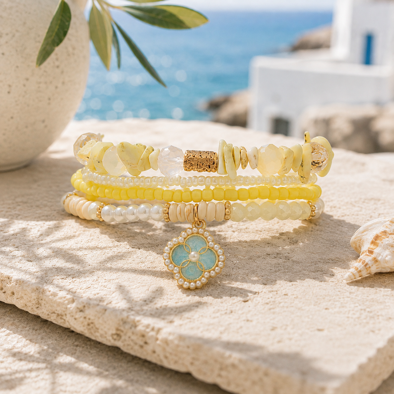 Stretch Beaded Bracelet Stack with Clover Charm - Gallery 5