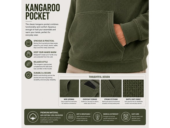 3Pk Mens Waffle Thermal Pullover Hoodie