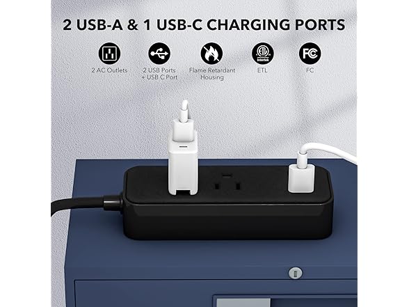 Clear Power 6FT 2-Outlet Power Strip with 3 USB Ports(1 USB-C), Flat Plug
