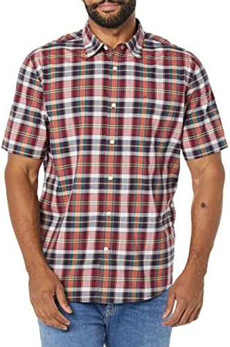 Amazon Essentials Short Sleeve Shirt for Men, Available in Big & Tall, Navy Red White Plaid, Medium