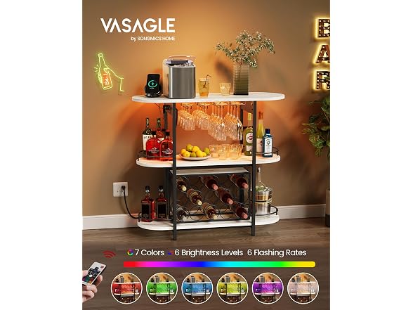 VASAGLE Bar Cabinets for Home, LED Coffee Bar, Rustic White