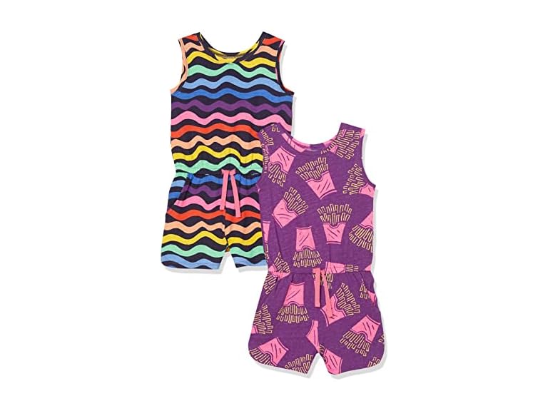 Amazon Essentials Girls' Knit Sleeveless Rompers (Previously Spotted Zebra), Pack of 2, Fries/Rainbow/Stripe, Large