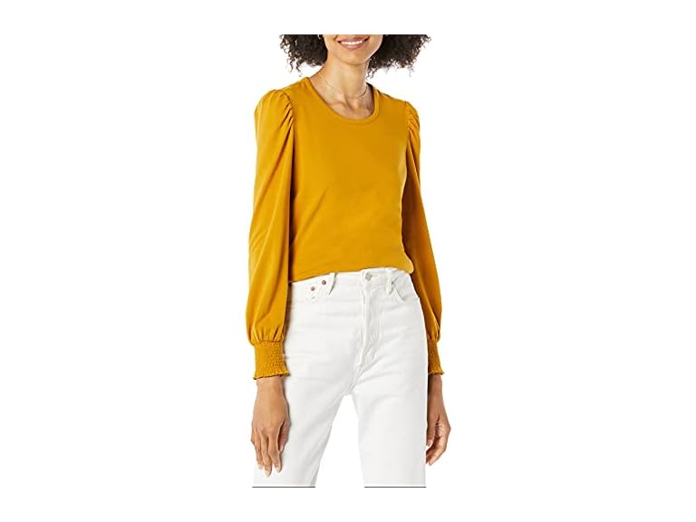 Amazon Essentials Women's Long-Sleeve Crewneck Smocked Cuff T-Shirt, Tobacco Brown, Large