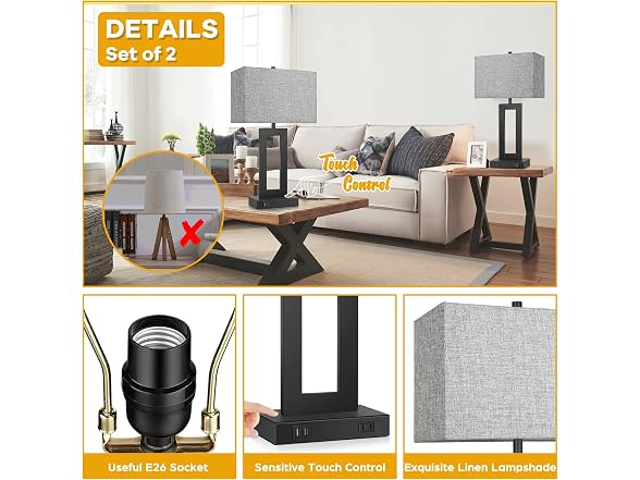 Set of 2 Modern Touch Control Table Lamps