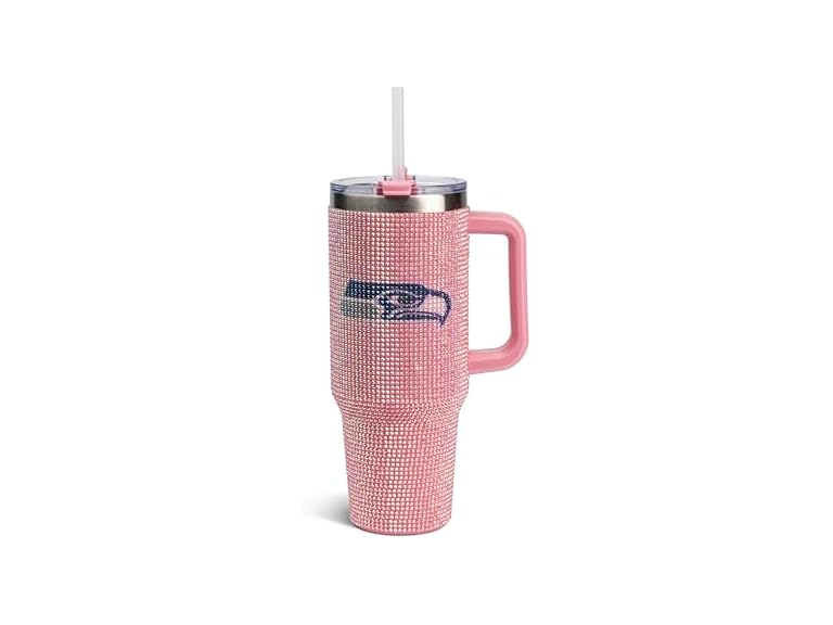 The Memory Company Officially Licensed 40oz Pink Game Day Bling Stainless Steel Tumbler - Premium Insulated Double-Wall Travel Cup With Handle and Straw Lid