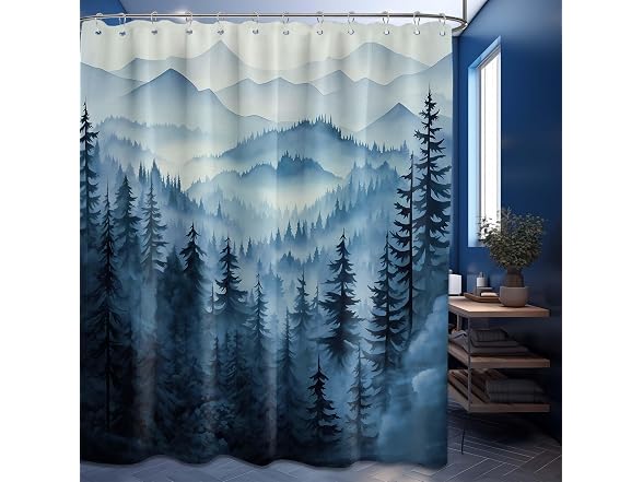 Navy Blue Forest Shower Curt Dark Mountain
