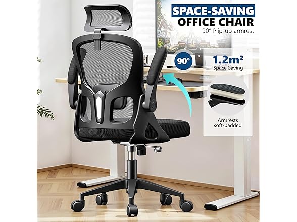 FINATI Ergonomic Office Chair, Mesh Desk Chair with Adjustable Headrest & Lumbar Support, Rolling Computer Chair with Flip-up Armrests, Comfy Swivel Home Office Chair for Long Hours - Black (Open Box)