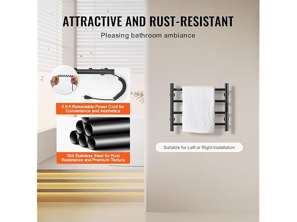 VEVOR 4 Bars Towel Warmer Rack, Wall