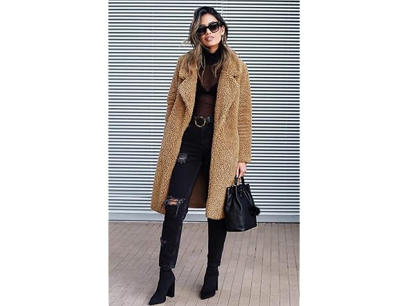 Angashion Women (L) Fuzzy Fleece Lapel Fur Jackets
