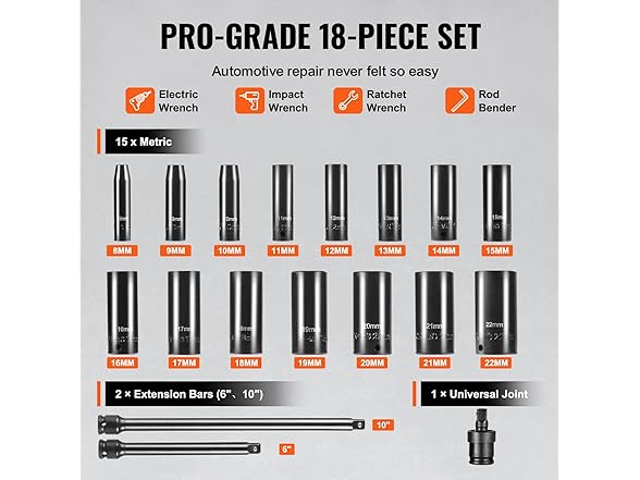 VEVOR 18pc Drive Impact Socket Set 3/8"