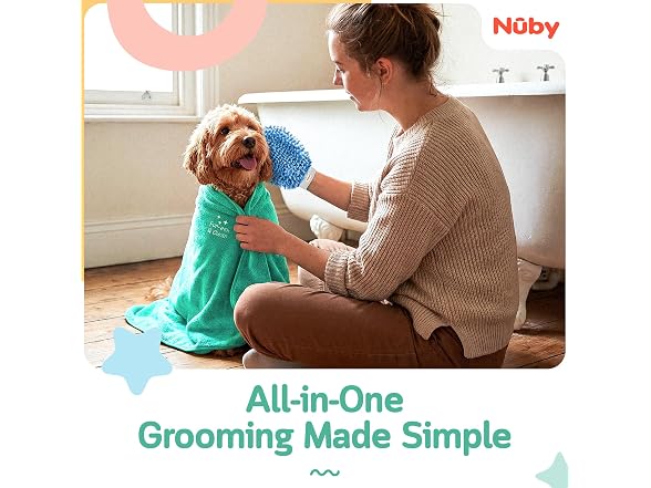 Nuby Pet Grooming Glove with Silicone Bristles & Quick-Dry Towel