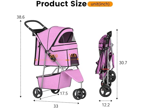 BestPet | 3-Wheel Pet Stroller | Pink | Foldable