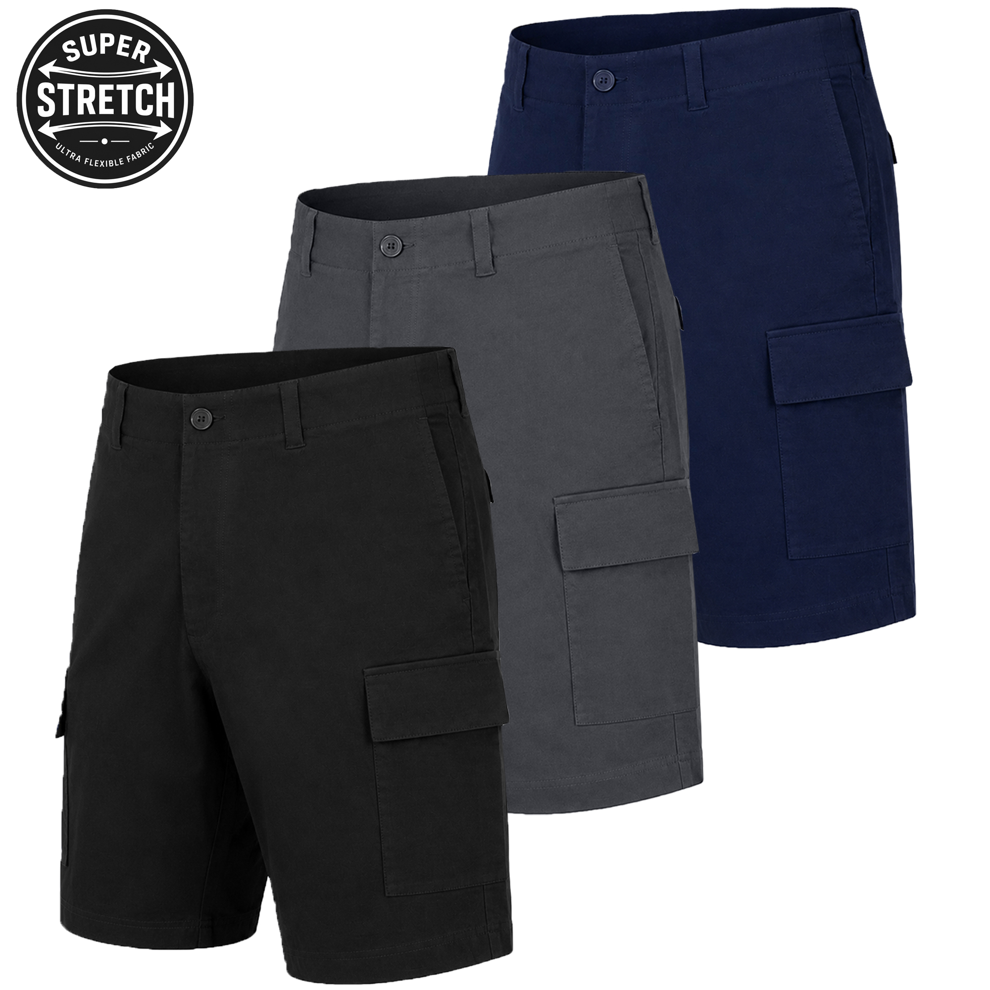 3Pk Mens Super Stretch Cargo Shorts - Gallery 10