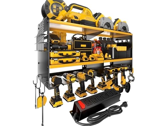 Spampur Power Tool Organizer Wall Mount 15 Min Assembly & Maximum 420lb Load by Heavy Duty Metal, 8 Slots for Cordless Drill, Tool Holder with 6 Outlet Power Strip (Open Box)