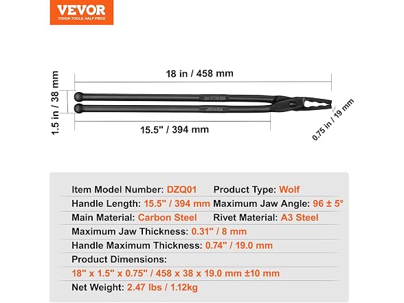 VEVOR Blacksmith Tongs, 18” Wolf Jaw