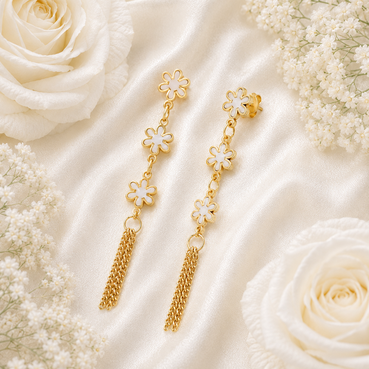 18K Gold Open Flower Tassel Earrings - Gallery 5