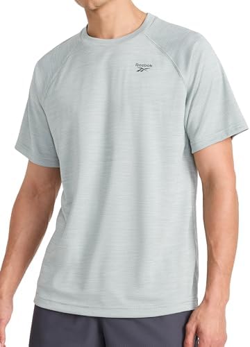 Reebok Men’s Speed Short Sleeve Raglan Crewneck T-Shirt, Standard Fit, Breathable Stretch Poly Texture Jacquard Fabric, Chinois Green Heather, Small