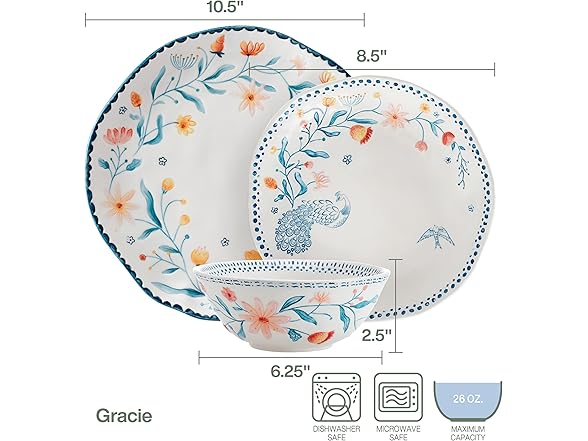 Fitz and Floyd Gracie Floral 12 Piece Dinnerware Set, Service for 4